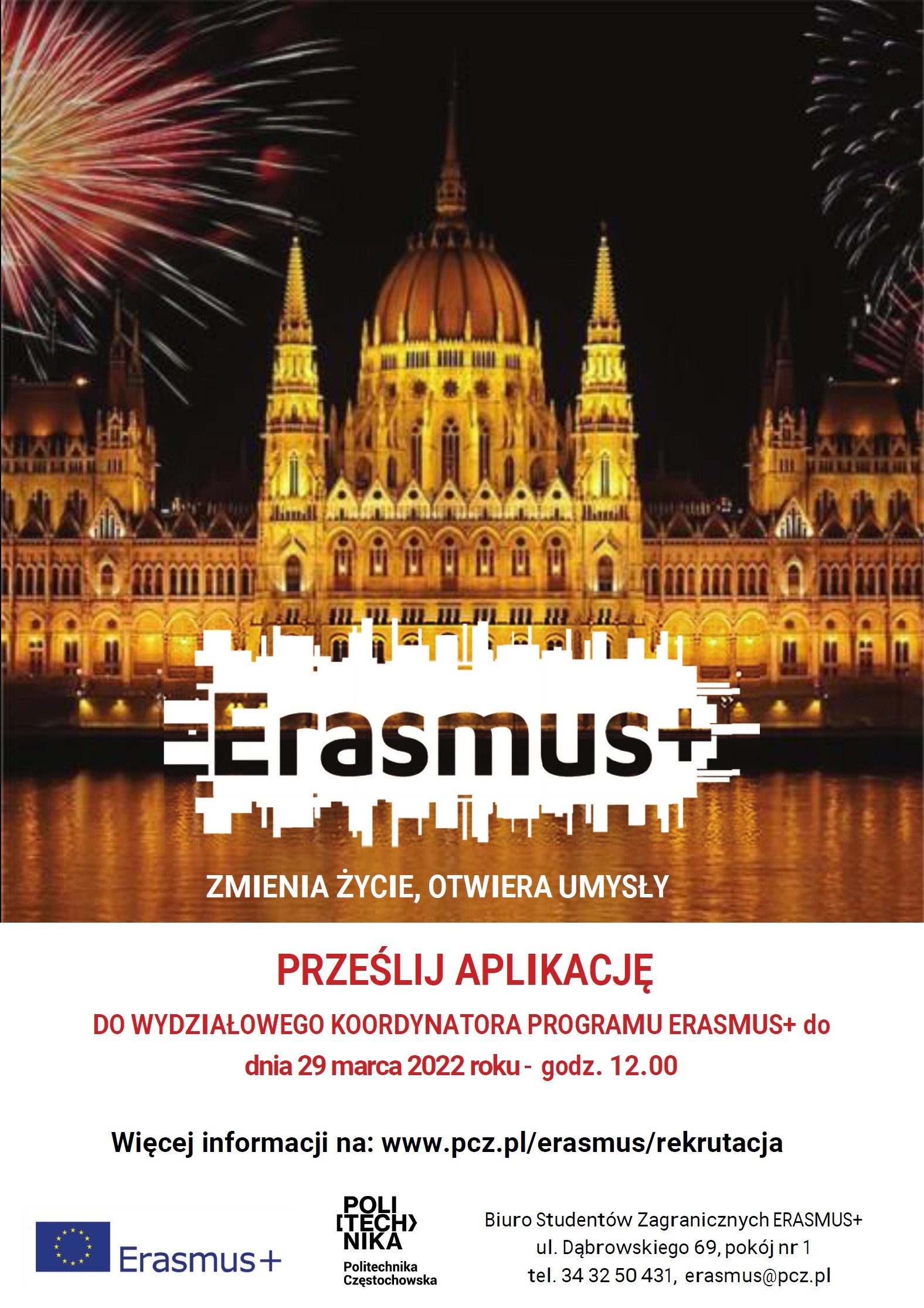 Plakat rekrutacyjny do programu Erasmus+. Więcej informacji na: www.pcz.pl/erasmus/rekrutacja