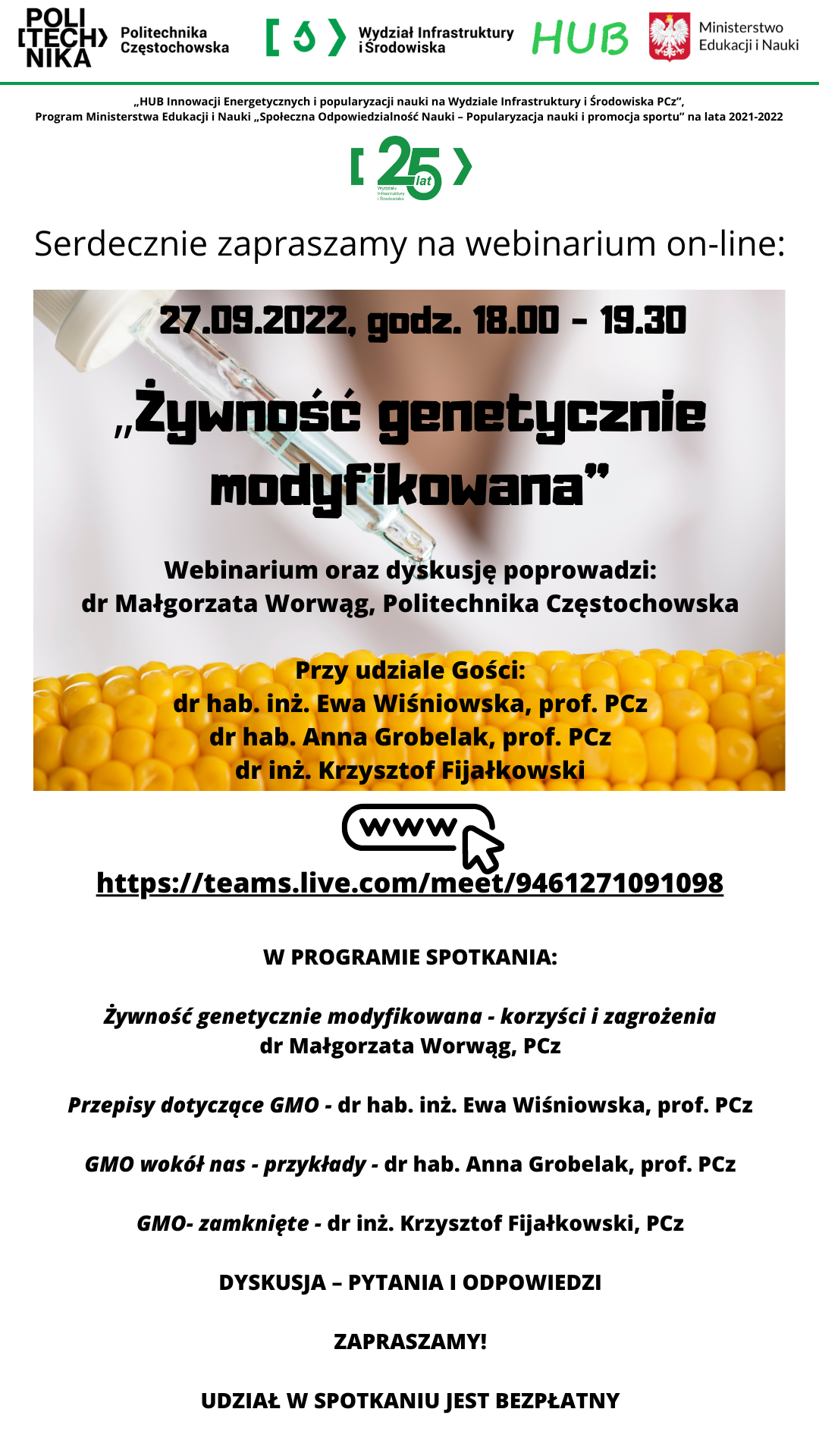 Zapraszamy na webinarium on-line: „Żywność genetycznie modyfikowana” 27.09.2022, godz. 18.00 - 19.30