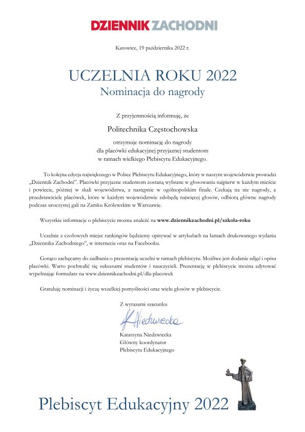 Nominacja do nagrody Uczelnia roku 2022. Politechnika Częstochowska otrzymała nominację.