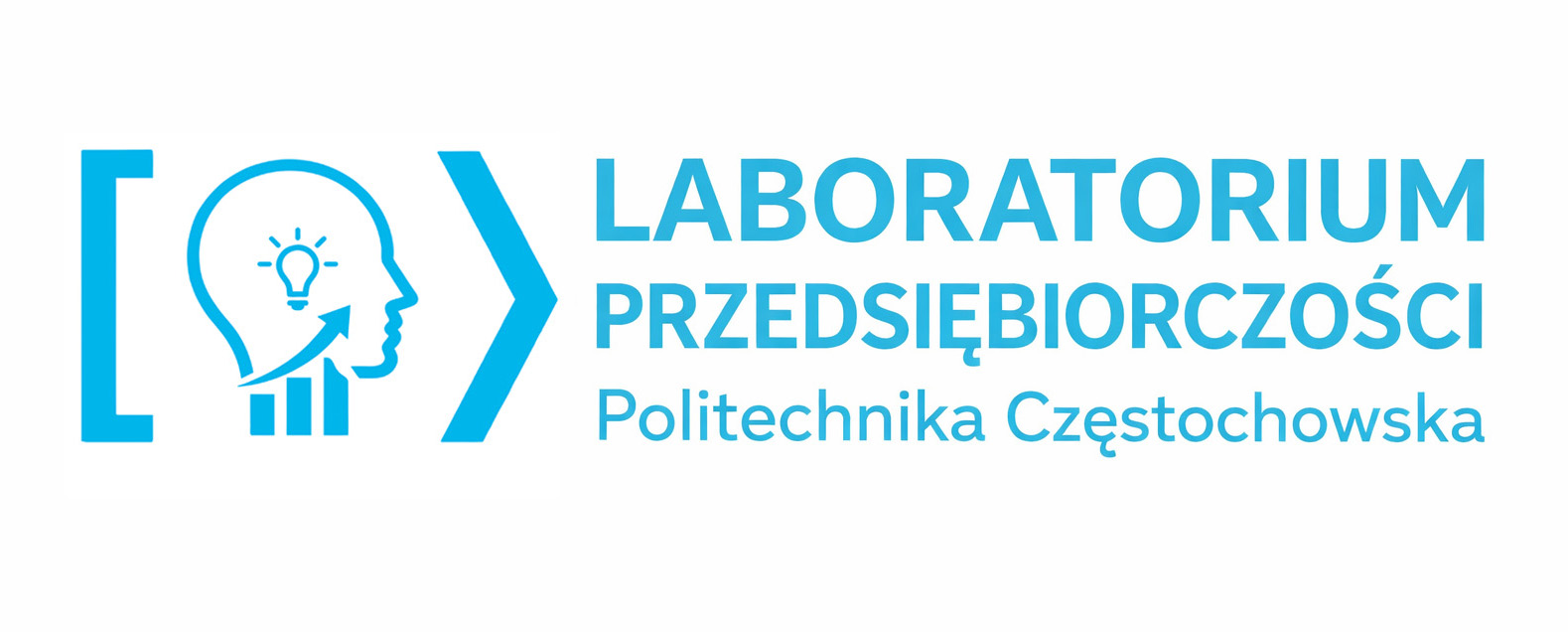 Białe tło, Po prawej niebieski napis laboratorium przedsiębiorczości politechnika częstochwoska. Po lewje symbol ludzkiej głowy