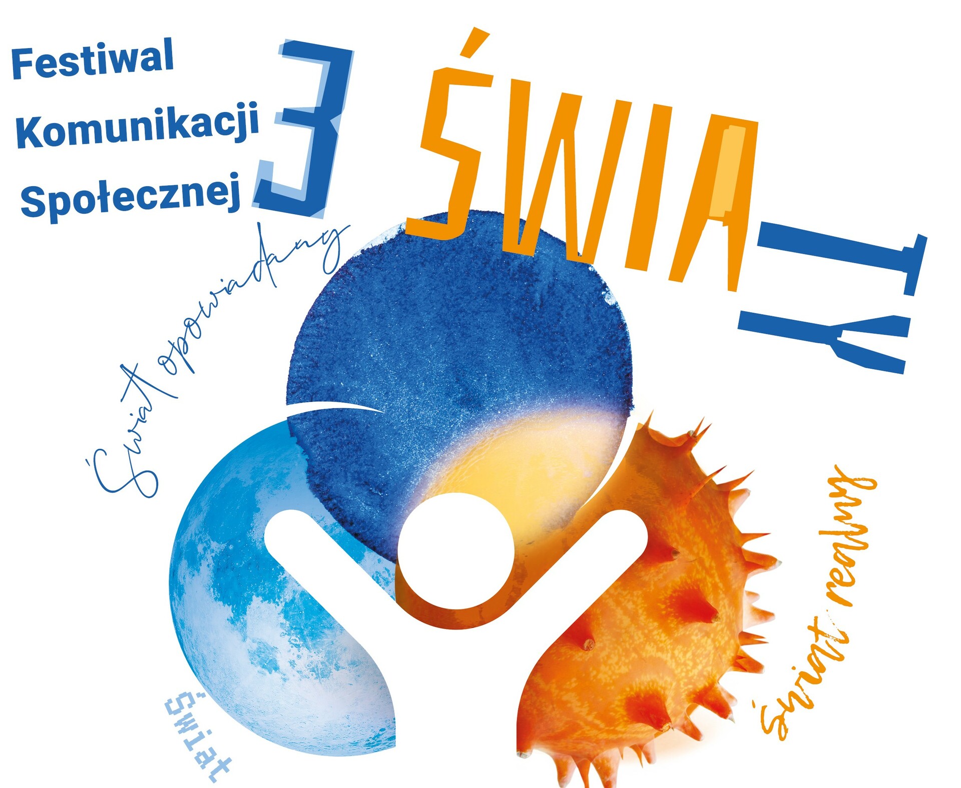 Białe tło.. Lewy górny róg napis Festiwal Komunikacji Społęcznej. Na górze 3 Światy. Na środku grafika postali ludzkiej z podniesionymi tękami; wokół napisy świat realny, świat, wirtualny, świat opowiedany