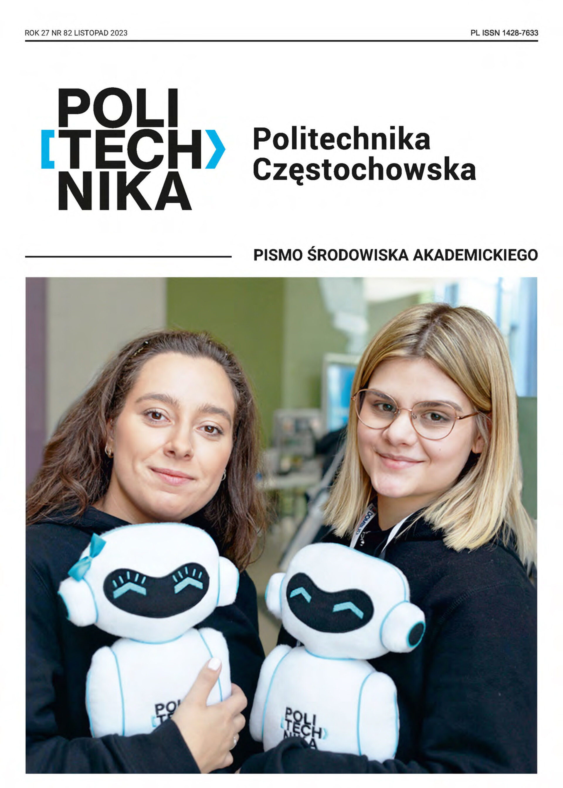 Okładka 82. numeru Czasopisma Politechnika Częstochowska - na tej okładce dwie uśmiechnięte dziewczyny z maskotkami PCz - Poli i Techem