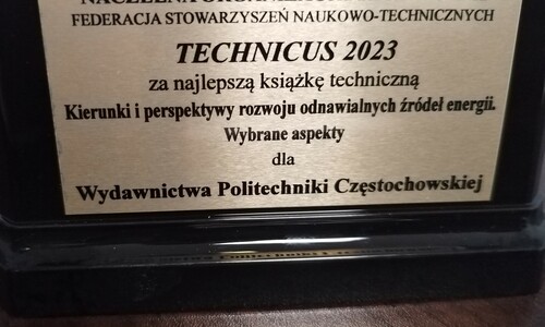 Etykieta pucharu konkursu na najlepszą książkę techniczną  oraz najlepszy poradnik  techniczny  TECHNICUS 2023