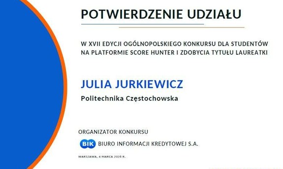 Politechnika Częstochowska na podium w ogólnopolskim konkursie Score Hunter!
